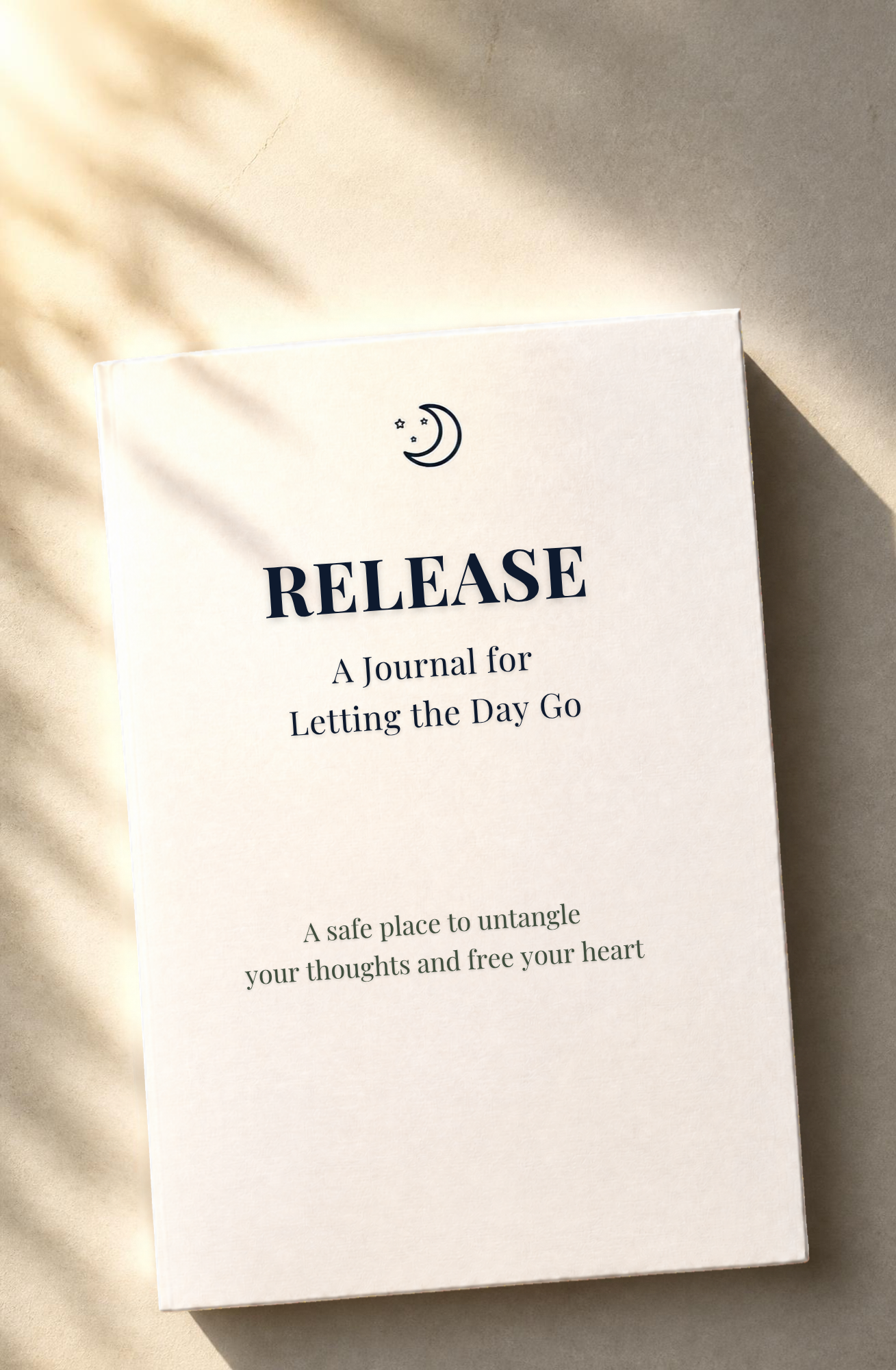 Release guided journal, cream cover with a crescent moon